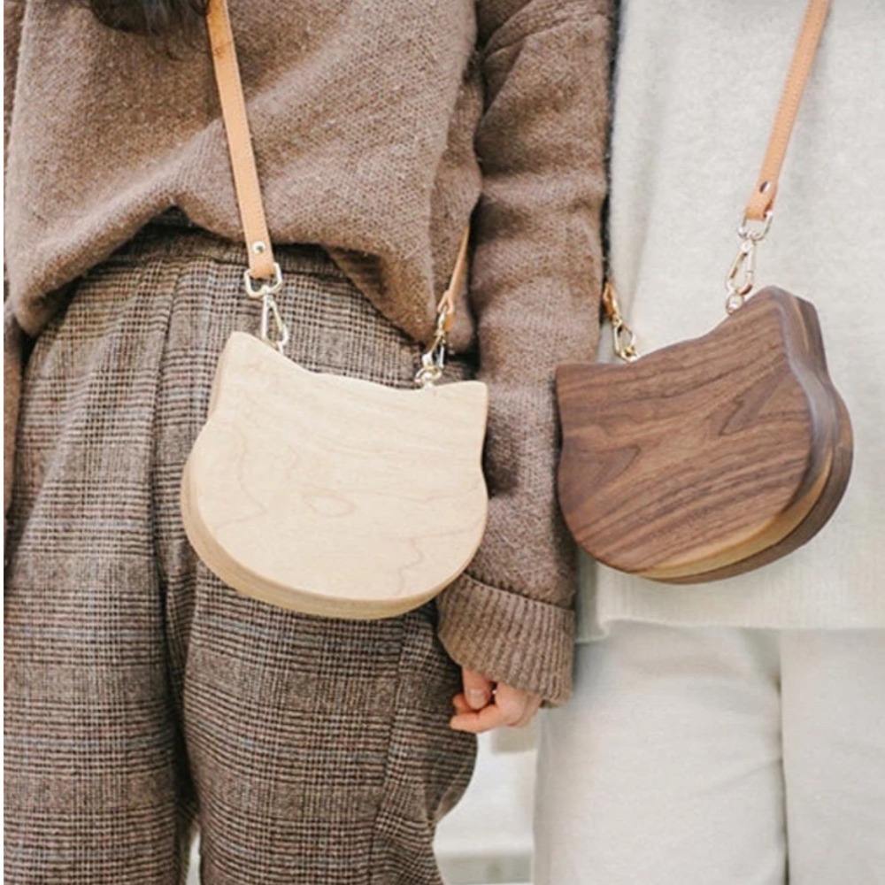 Miao~ Wooden Cat Crossbody Bag Light Maple Wood Pink Leather Lining Handcrafted